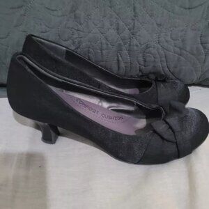 Jellypop Elva black satin kitten heel pumps with bow